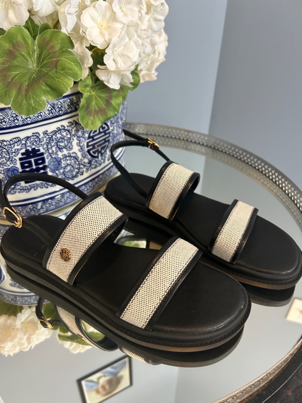 Women's Black & White Dual-Strap Slingback Sandals